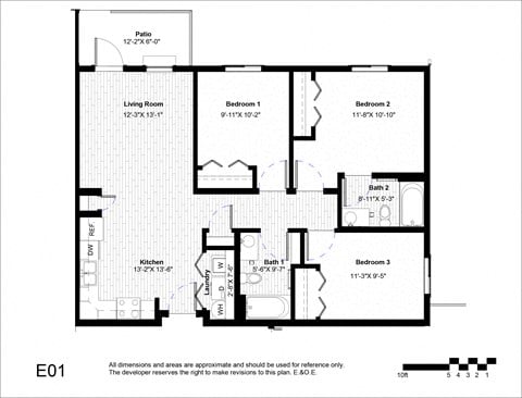 Floor plan for 3 beds, 2 baths, 1080 sqft